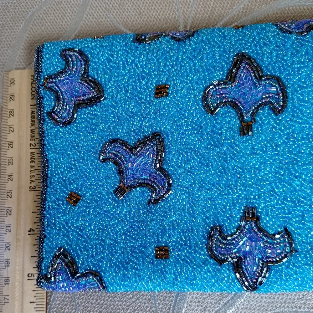 Aqua Fleur-de-lis Glass Beaded Bag